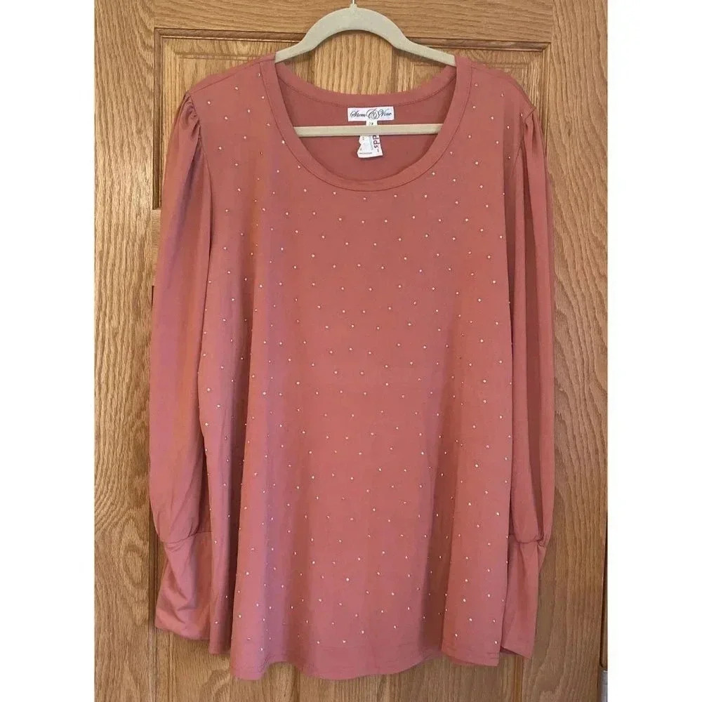 Stem & Vine Women Pink Long Sleeve Puff Rhinestones Top 3X